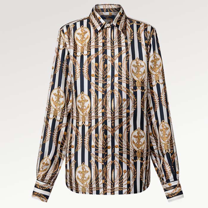 Louis Vuitton Women LV Striped Anchor Silk Shirt Marine 1AFL05