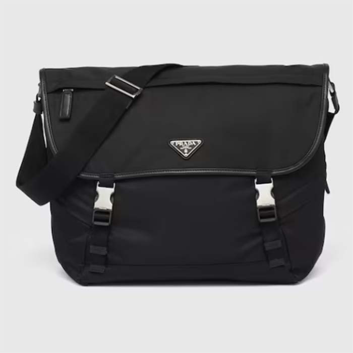 Prada Unisex Re-Nylon Saffiano Leather Shoulder Bag Black Fabric Flap