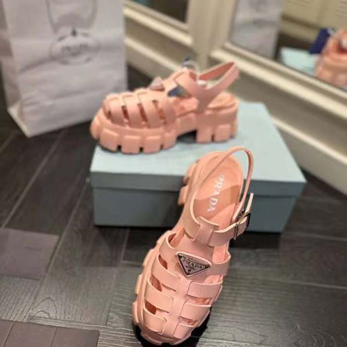 Prada Women Monolith Foam Rubber Sandals Enameled Metal Triangle Logo