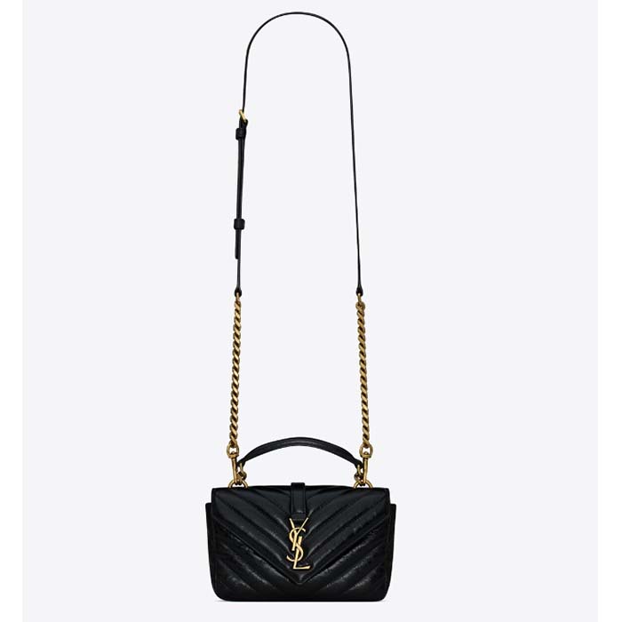 Saint Laurent YSL Women College Mini Chain Bag Black Shiny Crackled Leather