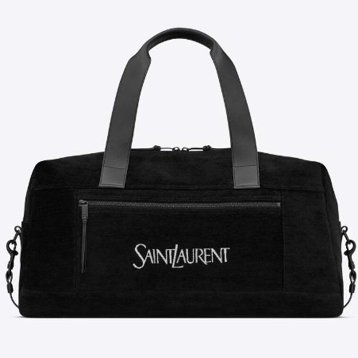 Saint Laurent YSL Women Jaquard Duffle Bag Black Cotton Calfskin Leather