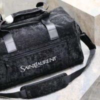 Saint Laurent YSL Women Jaquard Duffle Bag Black Cotton Calfskin Leather (5)