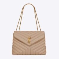 Saint Laurent YSL Women Medium Quilted Leather Beige Calfskin Leather Brass (8)