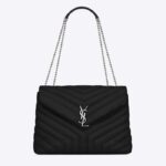 Saint Laurent YSL Donna Media Pelle Trapuntata Nero Noir Argento Pelle di Vitello