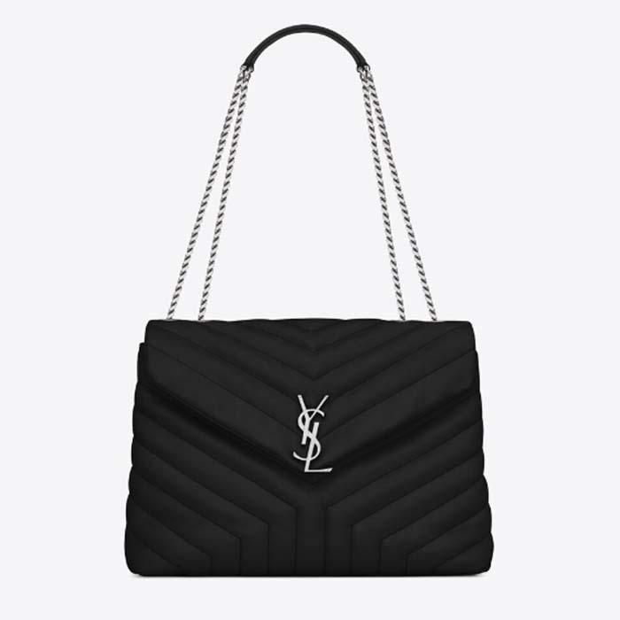 Saint Laurent YSL Women Medium Quilted Leather Black Noir Silver Calfskin Leather