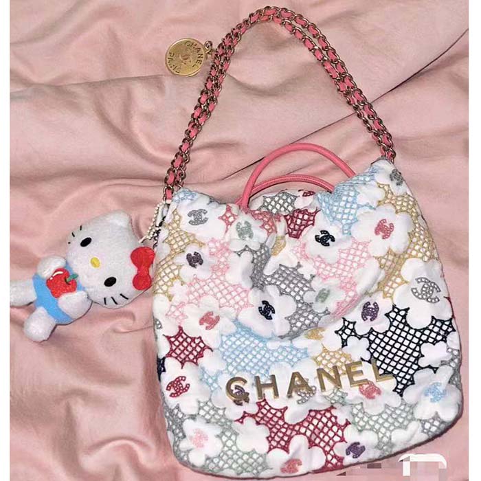 Chanel Women CC 22 Small Handbag Lace Patchwork Gold-Tone Metal Multicolor