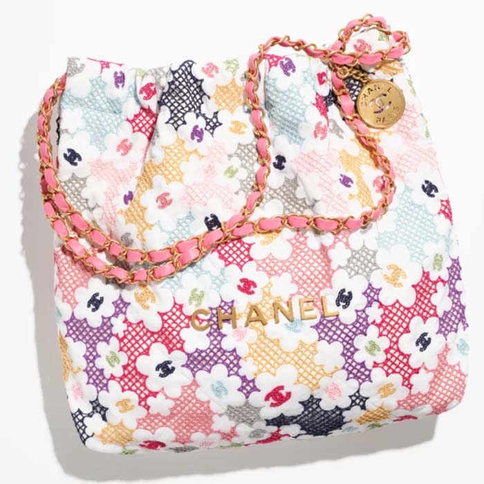 Chanel Women CC 22 Small Handbag Lace Patchwork Gold-Tone Metal Multicolor