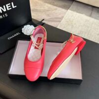 Chanel Women CC Ballet Flats Lambskin Metal Imitation Pearls Dark Pink (10)