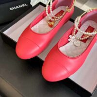 Chanel Women CC Ballet Flats Lambskin Metal Imitation Pearls Dark Pink (10)