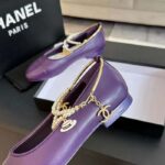Chanel Women CC Ballet Flats Lambskin Metal Imitation Pearls Purple - Image 9