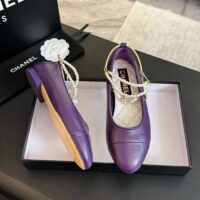 Chanel Women CC Ballet Flats Lambskin Metal Imitation Pearls Purple (2)