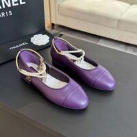 Chanel Women CC Ballet Flats Lambskin Metal Imitation Pearls Purple (2)