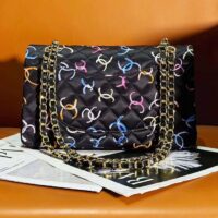 Chanel Women CC Classic 11.12 Handbag Printed Fabric Gold-Tone Metal Black Multicolor (9)