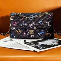 Chanel Women CC Classic 11.12 Handbag Printed Fabric Gold-Tone Metal Black Multicolor (9)