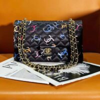 Chanel Women CC Classic 11.12 Handbag Printed Fabric Gold-Tone Metal Black Multicolor (9)