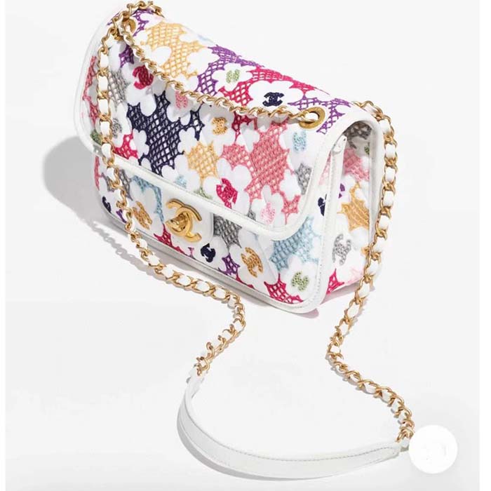 Chanel Women CC Mini Flap Handbag Lace Patchwork Gold-Tone Metal Multicolor