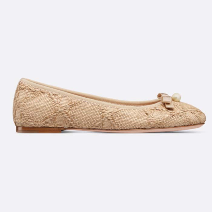 Dior CD Women Dior Ballet Flat Natural Cannage Raffia Grosgrain Bow Resin Pearl