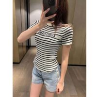 Dior CD Women Dioriviera Short-Sleeved Sweater White Navy Blue Cotton Ribbed Knit (7)