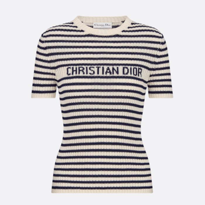 Dior CD Women Dioriviera Short-Sleeved Sweater White Navy Blue Cotton Ribbed Knit