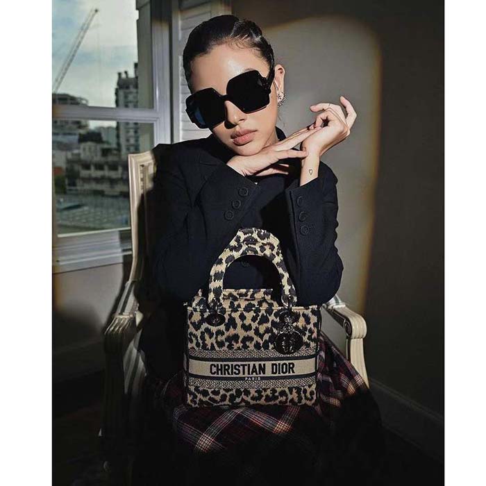 Dior CD Women Medium Lady D-Lite Bag Beige Black Mizza Embroidery