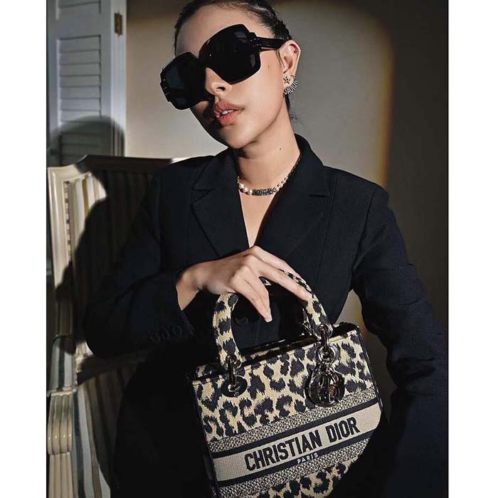 Dior CD Women Medium Lady D-Lite Bag Beige Black Mizza Embroidery