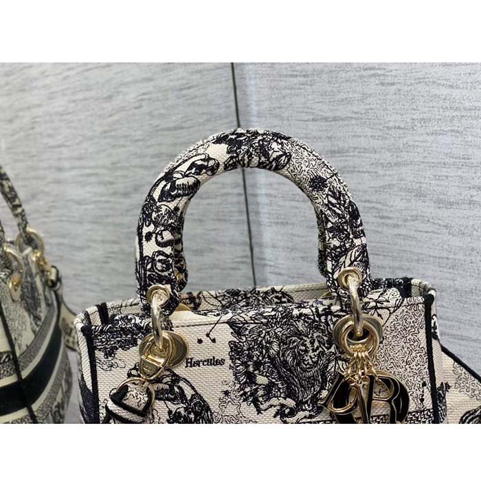 Dior CD Women Medium Lady D-Lite Bag Latte Black Toile De Jouy Zodiac Embroidery