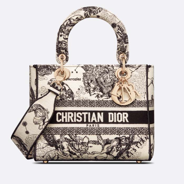 Dior CD Women Medium Lady D-Lite Bag Latte Black Toile De Jouy Zodiac Embroidery