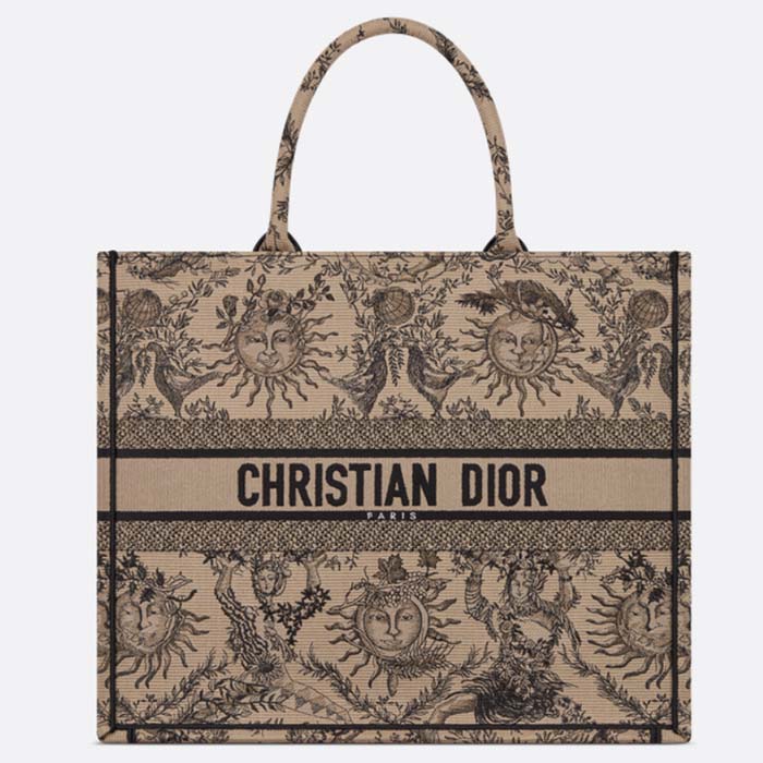 Dior Unisex Large Dior Book Tote Beige Black Toile De Jouy Soleil Embroidery