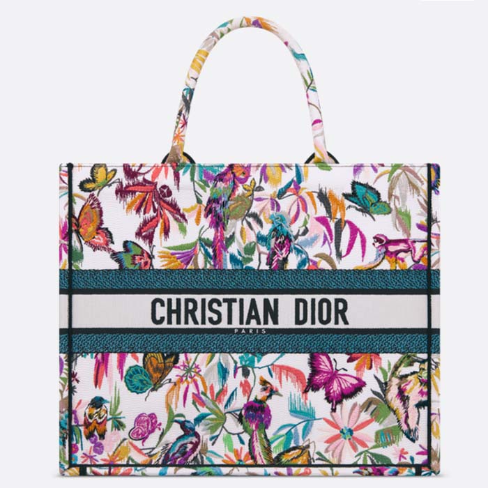 Dior Unisex Large Dior Book Tote White Multicolor Toile De Jouy Fantastica Embroidery