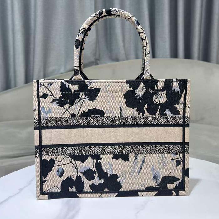 Dior Women CD Medium Dior Book Tote Beige Black Fleurs Mystiques Embroidery