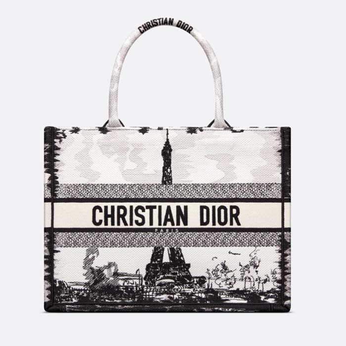 Dior Women CD Medium Dior Book Tote White Black Paris Embroidery