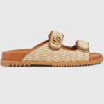 Gucci GG Unisex Sandal Double G Natural Raffia Effect Viscose Rubber Flat