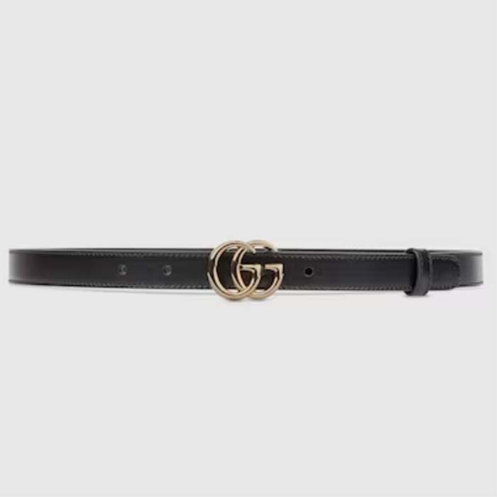 Gucci Unisex GG Marmont Thin Belt Black Leather Double G Buckle