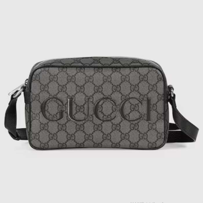 Gucci Unisex Mini Shoulder Bag Grey Black GG Supreme Canvas Black Leather
