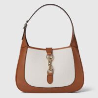Gucci Women GG Jackie Small Shoulder Bag White Canvas Brown Leather Hook Closure