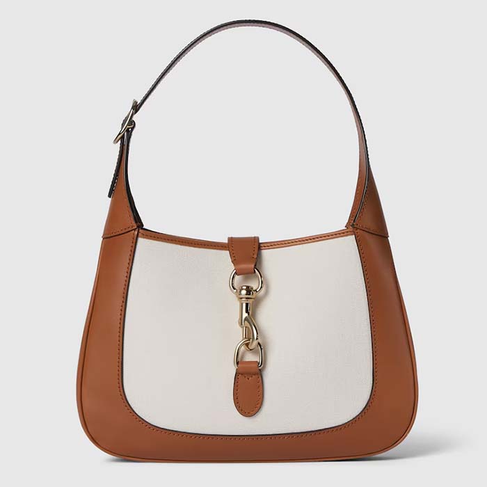 Gucci Women GG Jackie Small Shoulder Bag White Canvas Brown Leather Hook Closure