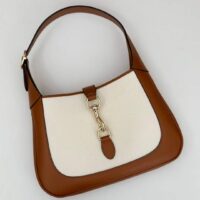 Gucci Women GG Jackie Small Shoulder Bag White Canvas Brown Leather Hook Closure (7)