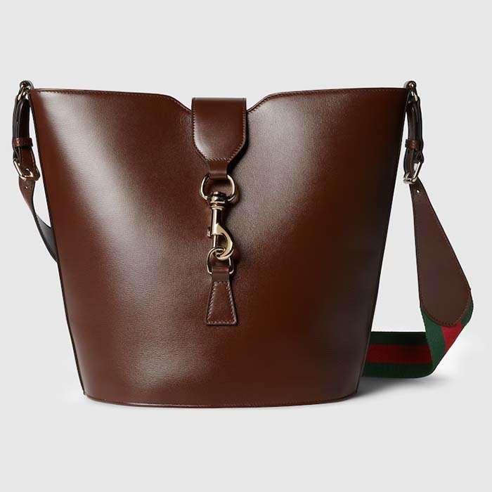 Gucci Women GG Medium Bucket Shoulder Bag Brown Leather Hook Closure