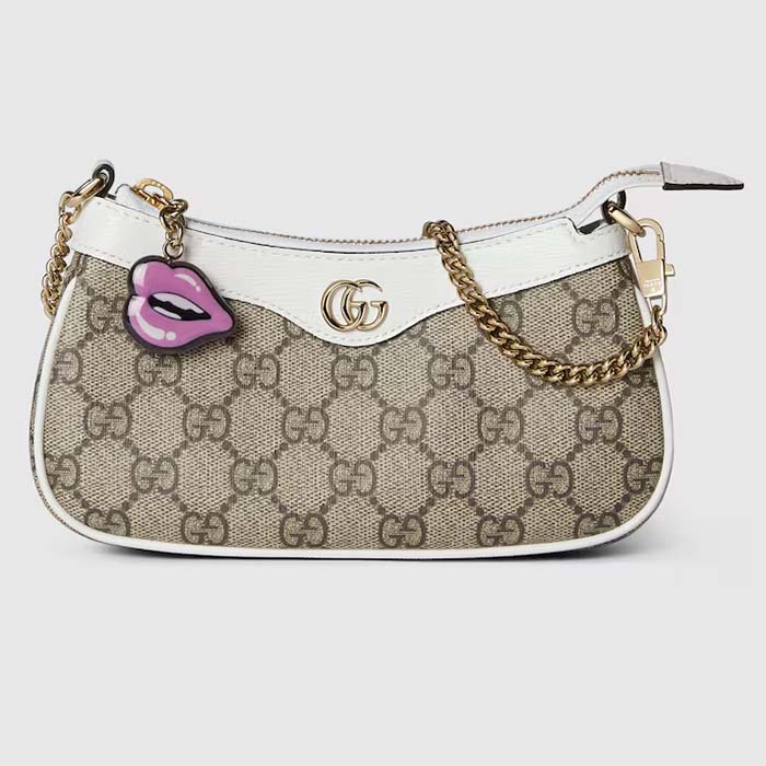 Gucci Women GG Super Mini Shoulder Bag Charm Beige Ebony Supreme Canvas