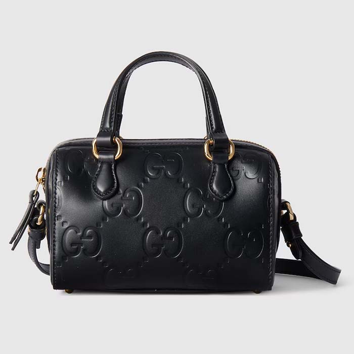 Gucci Women GG Super Mini Top Handle Bag Black GG Leather Zip Closure