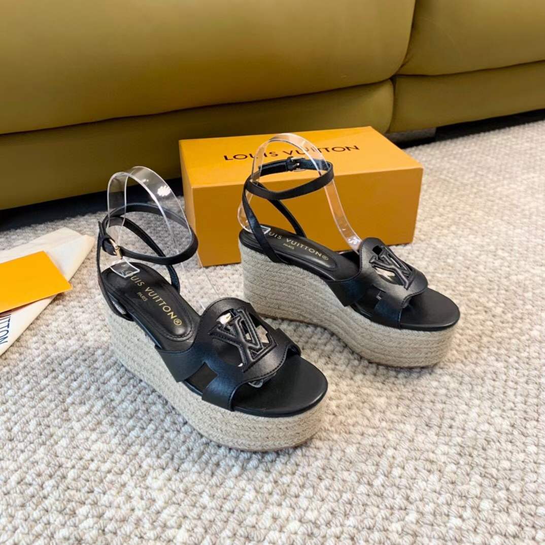 Louis Vuitton LV Women LV Isola Wedge Sandal Black Calf Leather Rope Rubber 1ACI6H