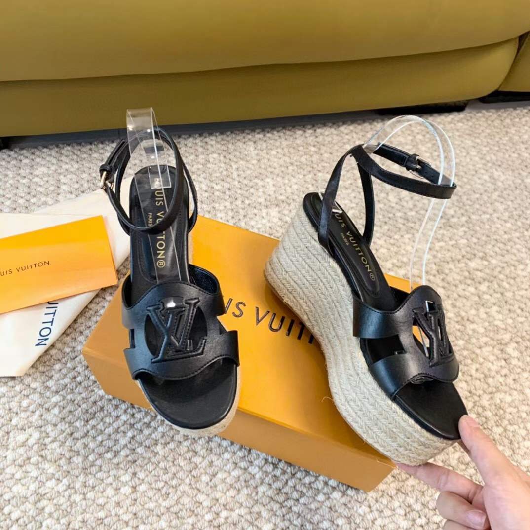 Louis Vuitton LV Women LV Isola Wedge Sandal Black Calf Leather Rope Rubber 1ACI6H