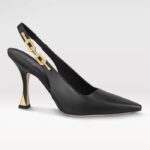 Louis Vuitton LV - Zapatos de salón con tira trasera brillante para mujer, piel de becerro negra, tacón de 9,5 cm, 1ABPHC