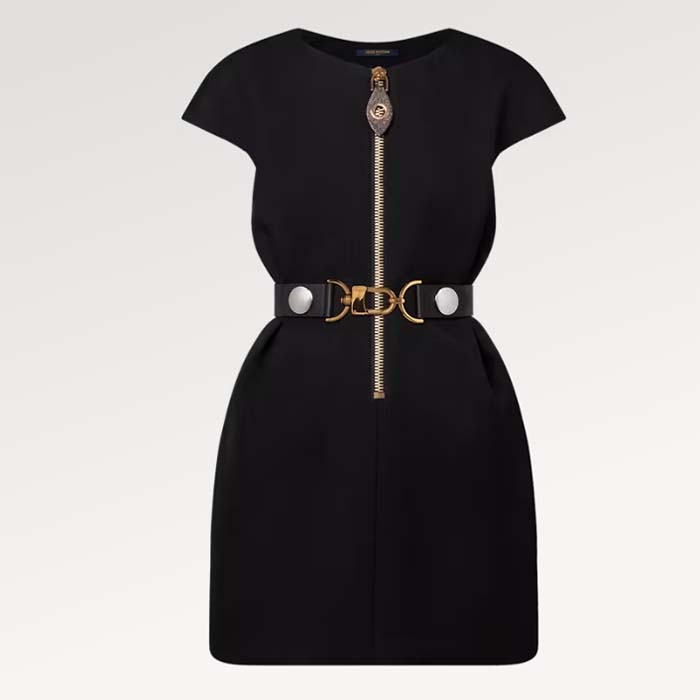Louis Vuitton LV Women XXL Detail Cap Sleeve Dress Wool Black Regular Fit 1ABQR8