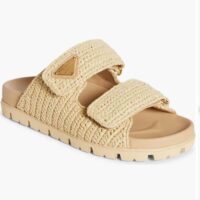 Prada Women Raffia Double Band Slide Sandal Beige Fabric Lug Tread