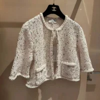 Chanel Women CC Coat Embroidered Cotton Wool Tweed Pink White (2)