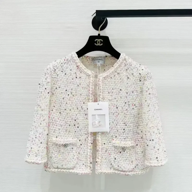 Chanel Women CC Coat Embroidered Cotton Wool Tweed Pink White