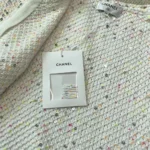 Chanel Women CC Coat Embroidered Cotton Wool Tweed Pink White