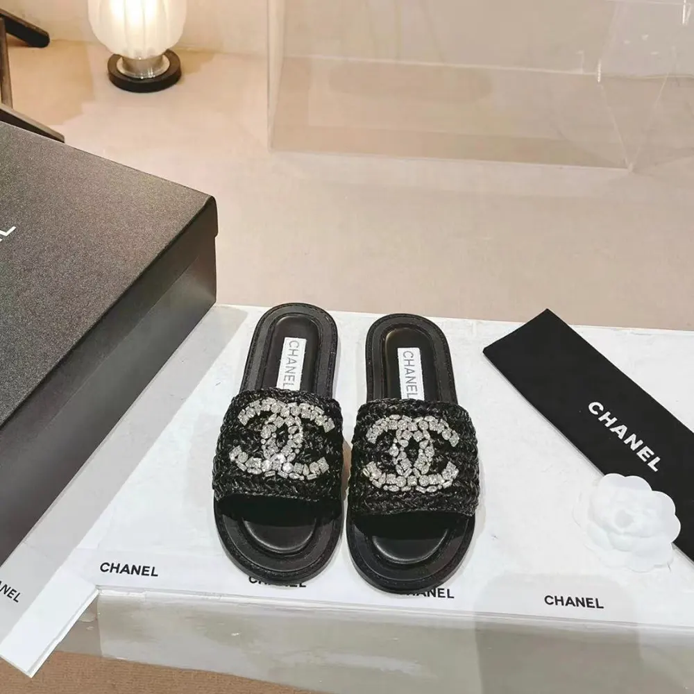 Chanel Women Raffia Crystal CC Mules Sandals-Black 94305