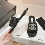 Chanel Women Raffia Crystal CC Mules Sandals-Black 94305